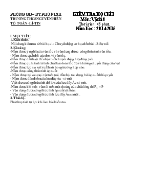 Kiểm tra học kì I môn Vật lí 8 thời gian 45 phút năm học  2014-2015